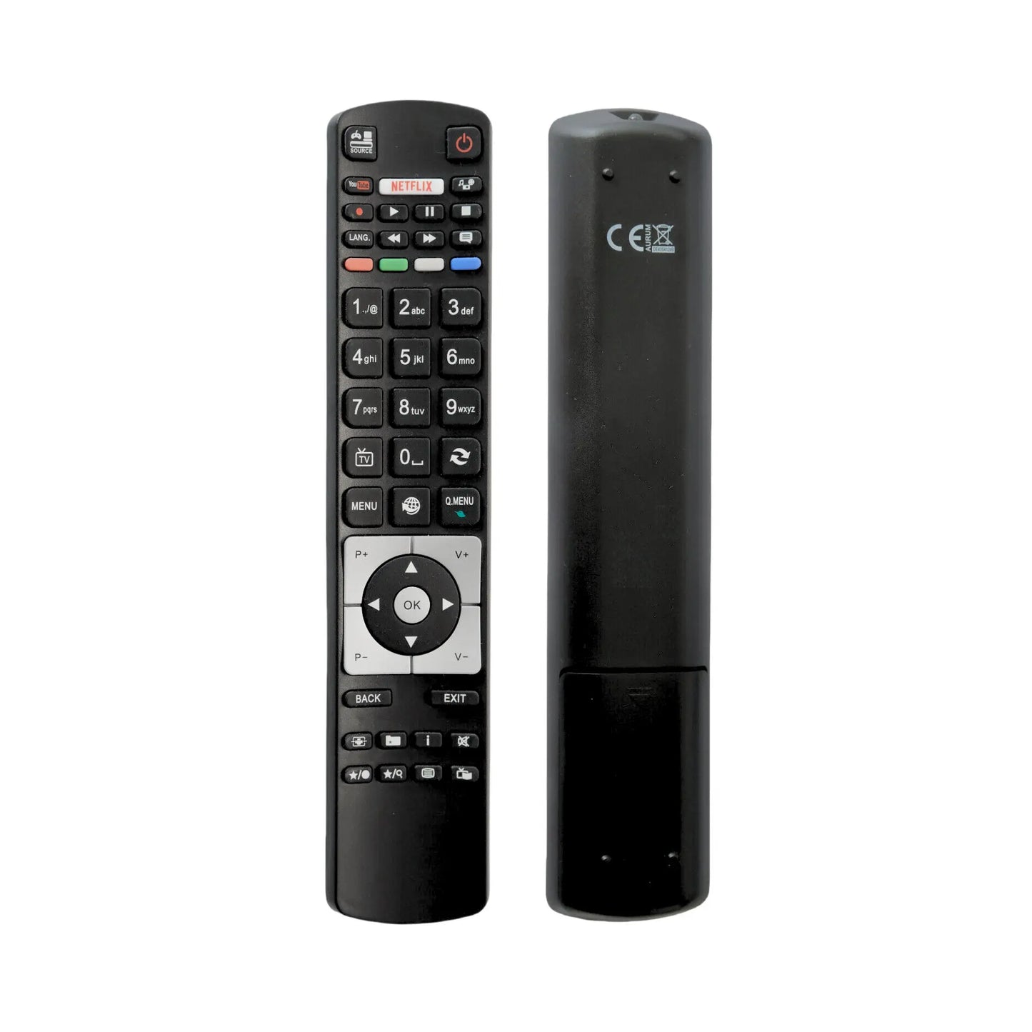 Das Bild zeigt die Telefunken RC5118 Fernbedienung in Schwarz aus der Frontansicht.