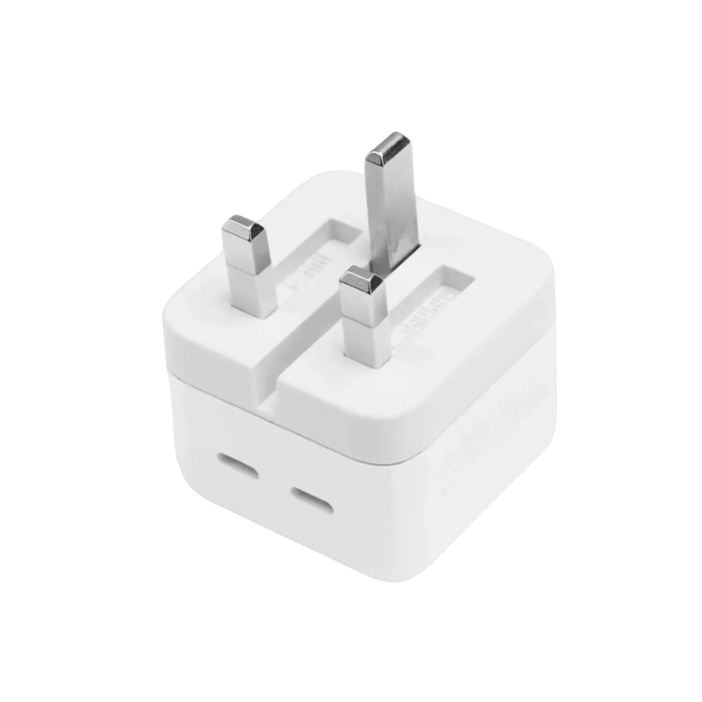 Das Bild zeigt das Apple MNWM3 Ladegerät Duo USB-C 35W UK-Plug in Weiß aus der Schrägansicht.