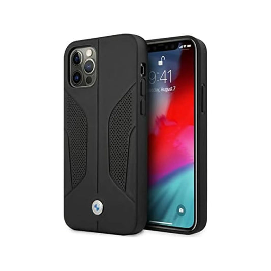 BMW iPhone 12 / 12 Pro Hülle, Schwarz – Leder Perforierte Seiten
