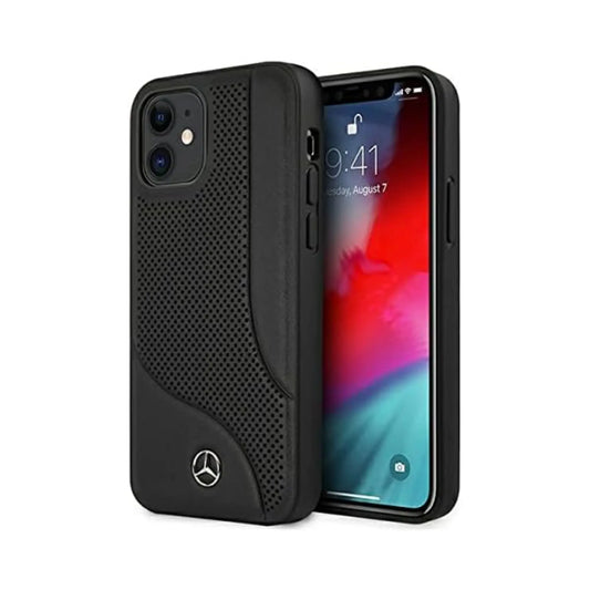 Mercedes iPhone 12 Mini Hülle, Schwarz – Leder Perforierte Fläche Hardcase MEHCP12SCDOBK