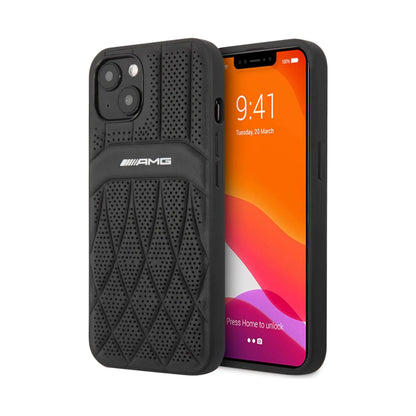 Mercedes-AMG Hülle AMHCP13MOSDBK Leder Gebogene Linien Schwarz – iPhone 13