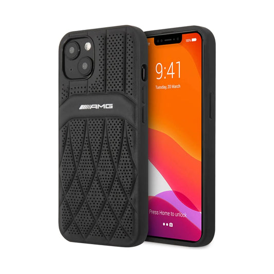 Mercedes-AMG Hülle AMHCP13MOSDBK Leder Gebogene Linien Schwarz – iPhone 13