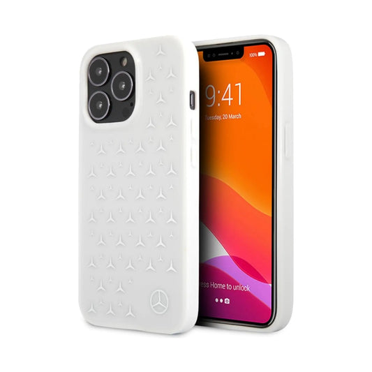 Mercedes iPhone 13 Pro Max Hülle, Weiß – Silber Sterne Muster Hardcase MEHCP13XESPWH