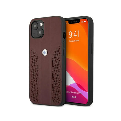 BMW iPhone 13 Mini Hülle, Rot – Leder Curve Perforate Hardcase