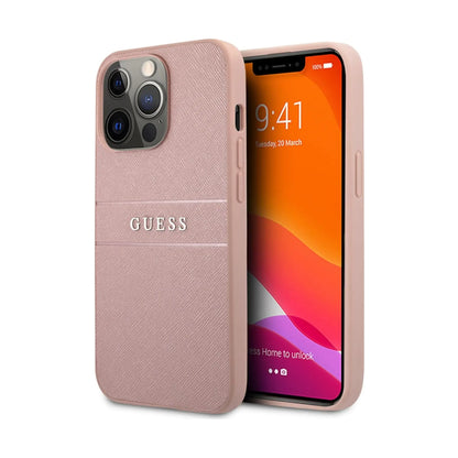 Guess Hülle Saffiano Metal Logo Stripes Pink - iPhone 13 Pro Max