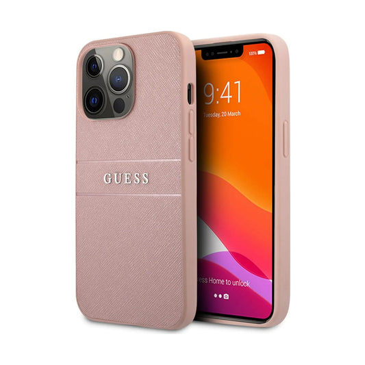 Guess Hülle Saffiano Metal Logo Stripes Pink - iPhone 13 Pro Max