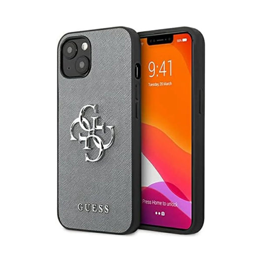 Guess Hülle GUHCP13SSA4GSGR Saffiano 4G Logo Metall Grau – iPhone 13 Mini