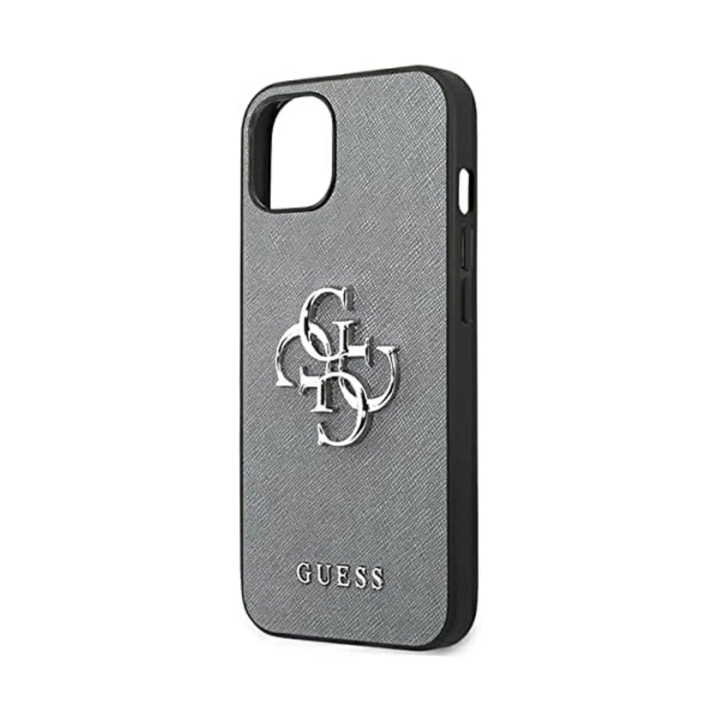 Guess Hülle GUHCP13SSA4GSGR Saffiano 4G Logo Metall Grau – iPhone 13 Mini