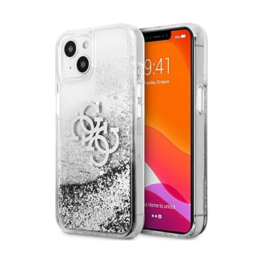 Guess iPhone 13 Mini Hülle, Silber – Liquid Glitter 4G Big Logo