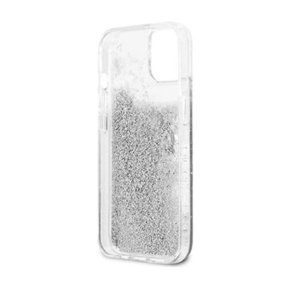Guess iPhone 13 Mini Hülle, Silber – Liquid Glitter 4G Big Logo