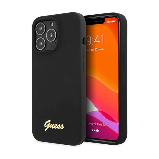 Guess GUHCP13XLSLMGBK Hülle Silikon Script Gold Logo Schwarz - iPhone 13 Pro Max