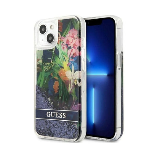 Guess iPhone 13 Hülle, Blau – Liquid Glitter Flower