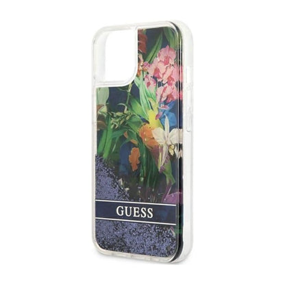 Guess iPhone 13 Hülle, Blau – Liquid Glitter Flower