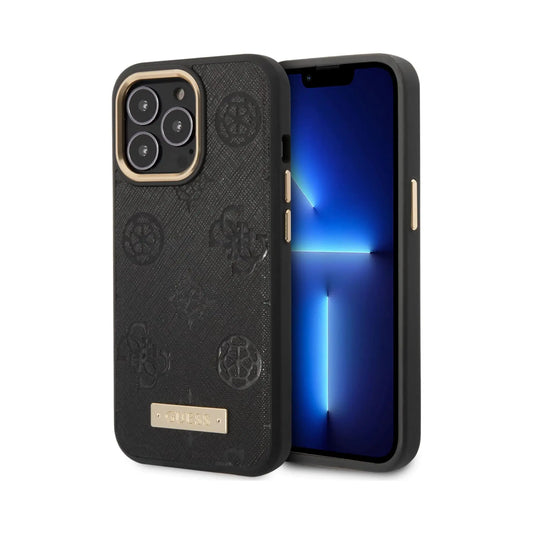 Guess iPhone 13 Pro Hülle, Schwarz – Peony Logo Plate MagSafe