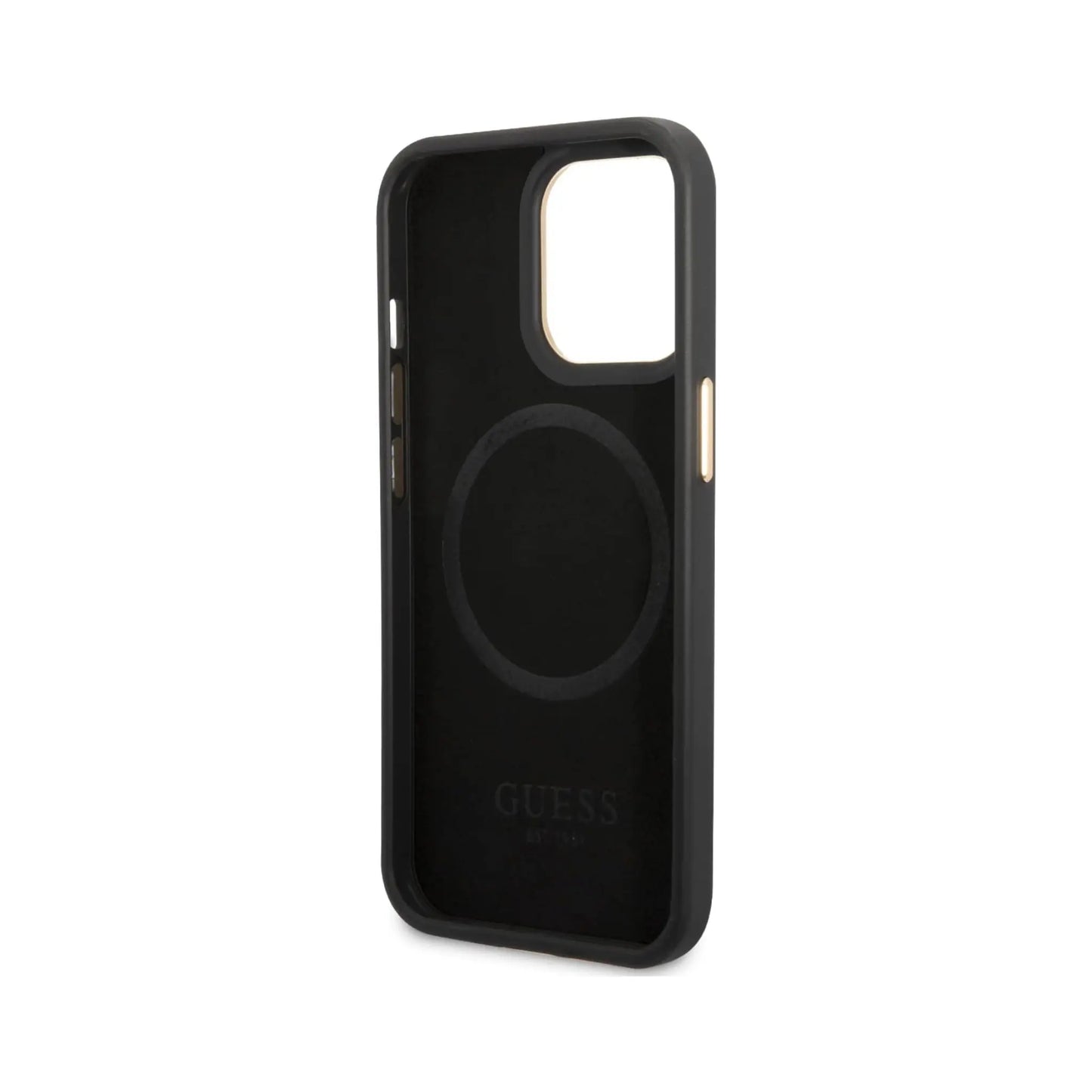 Guess iPhone 13 Pro Hülle, Schwarz – Peony Logo Plate MagSafe