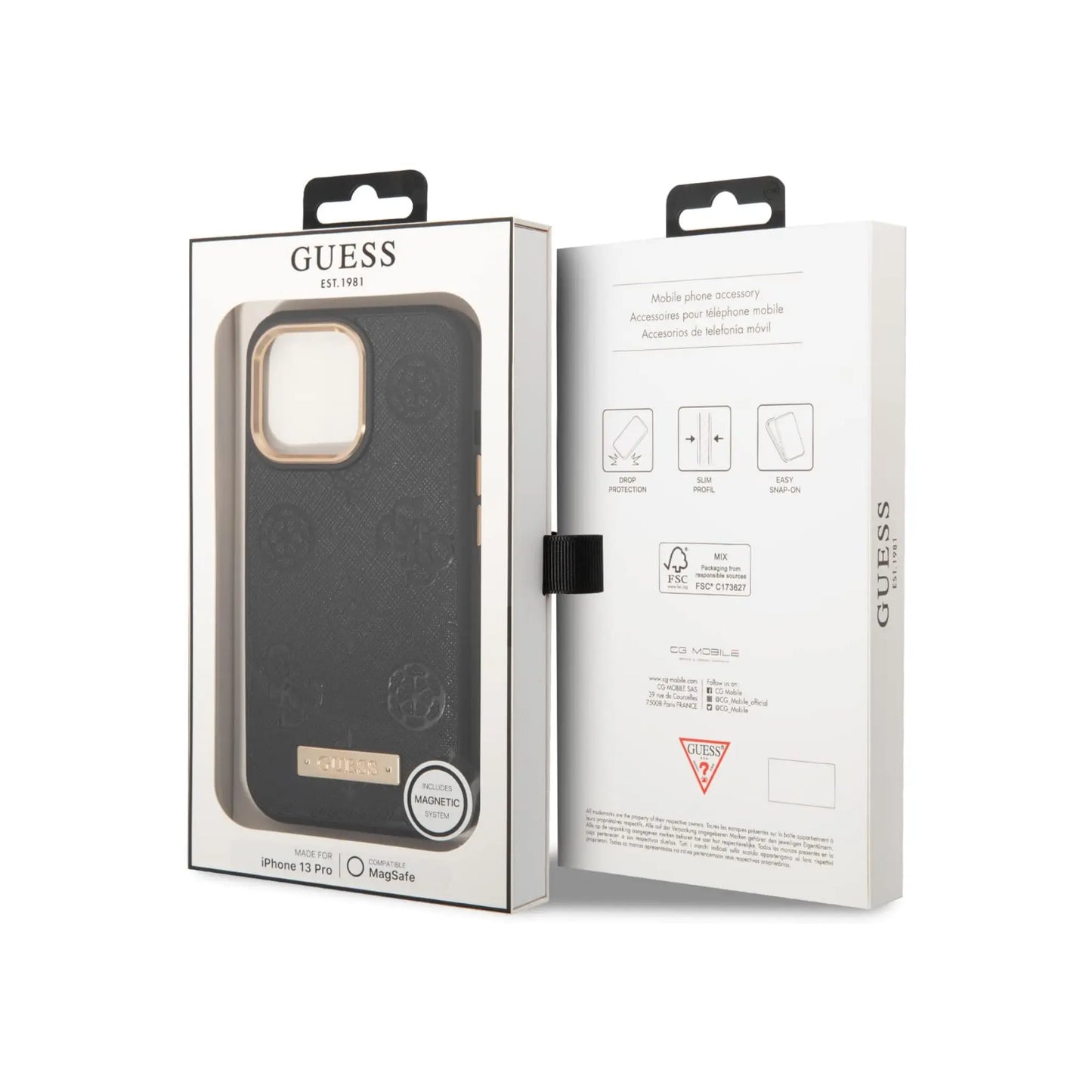 Guess iPhone 13 Pro Hülle, Schwarz – Peony Logo Plate MagSafe