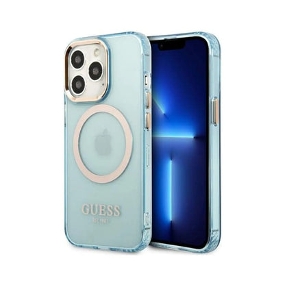 Guess GUHMP13XHTCMB Gold Outline Translucent MagSafe Case, Blau – iPhone 13 Pro Max