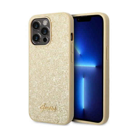 Guess Glitter Flakes Metal Logo Hülle Gold – iPhone 14 Pro Max