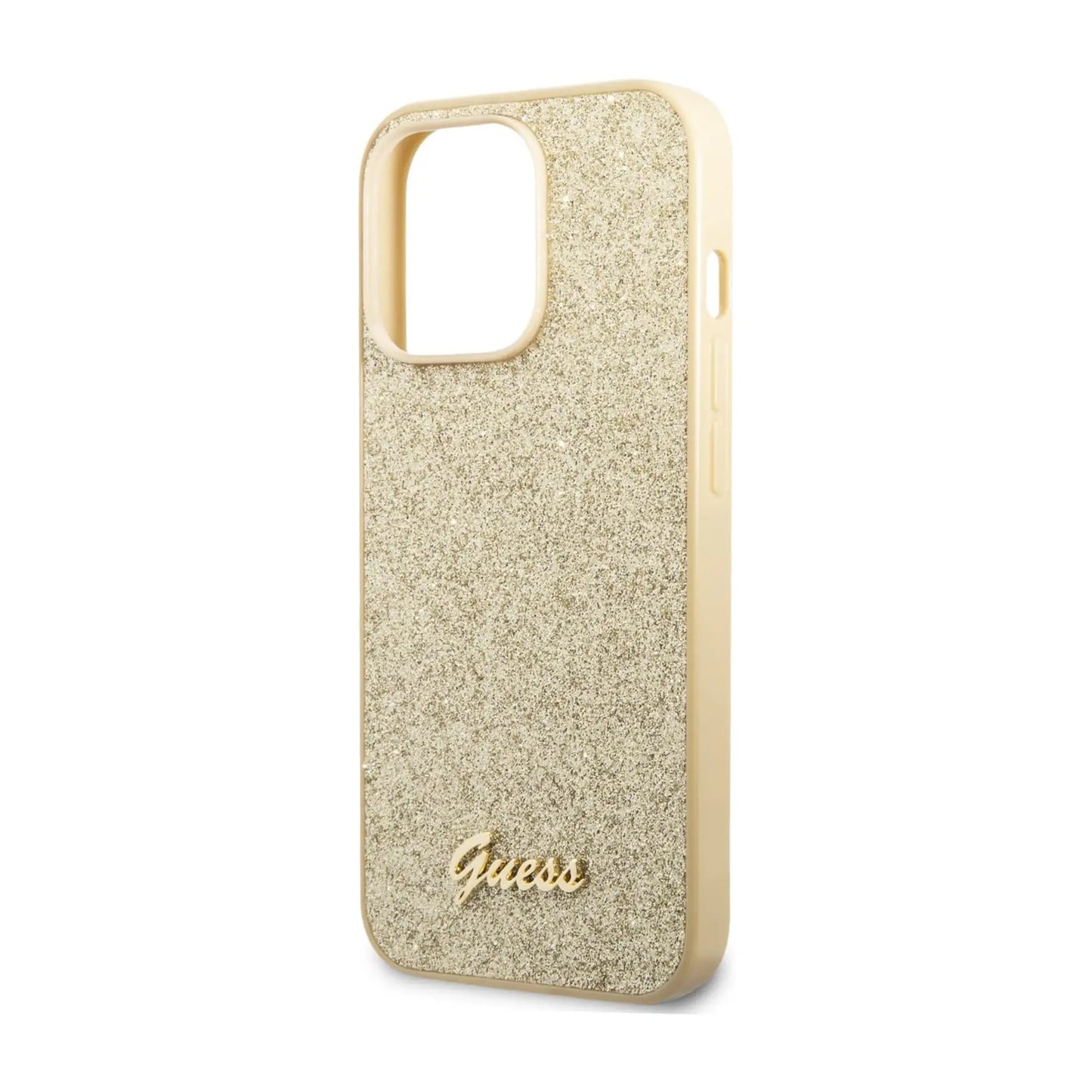 Guess Glitter Flakes Metal Logo Hülle Gold – iPhone 14 Pro Max