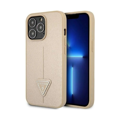 Guess iPhone 14 Pro Hülle GUHCP14LPSATLE, Beige – Saffiano Triangle Logo