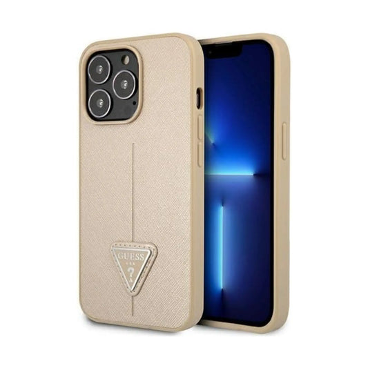 Guess iPhone 14 Pro Hülle GUHCP14LPSATLE, Beige – Saffiano Triangle Logo