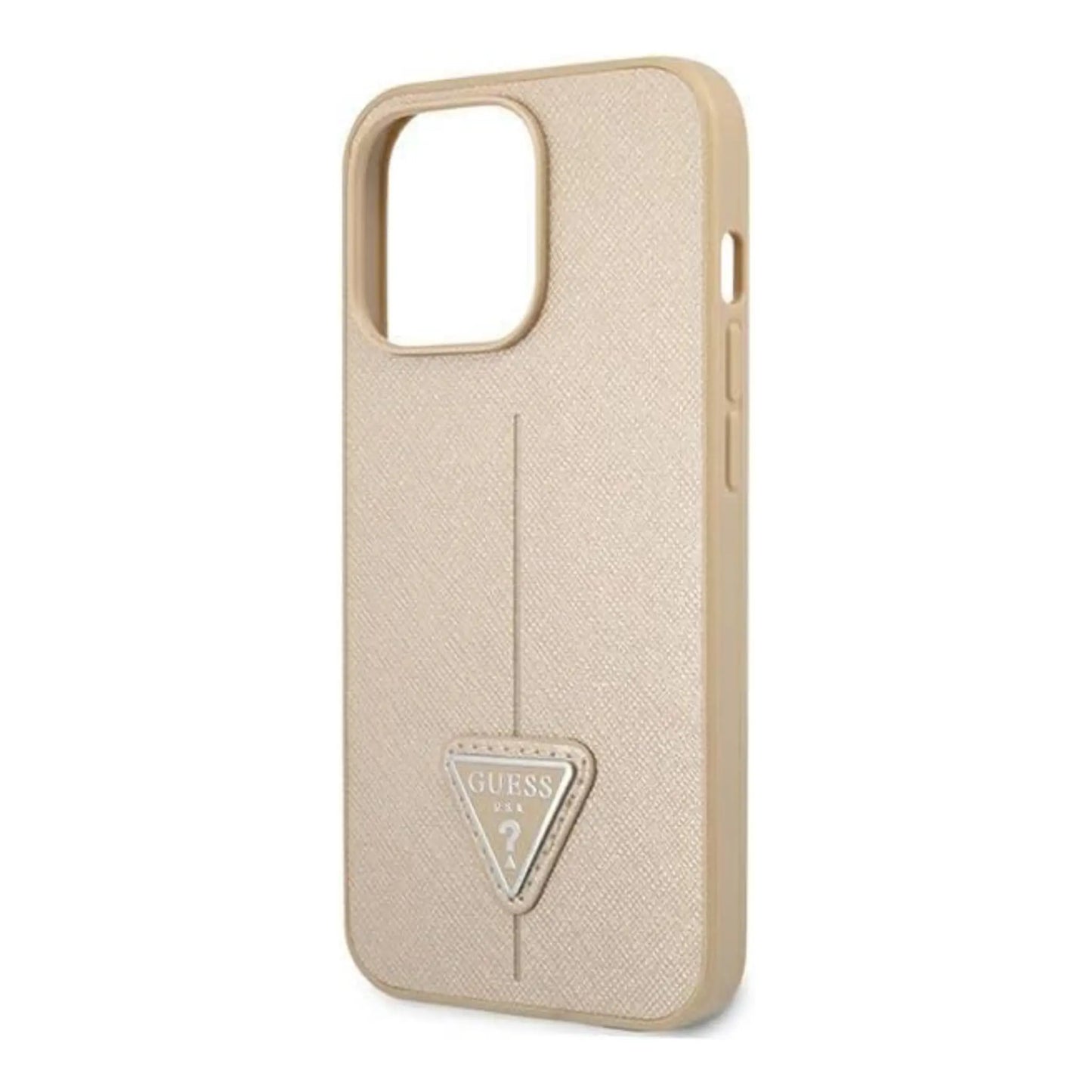 Guess iPhone 14 Pro Hülle GUHCP14LPSATLE, Beige – Saffiano Triangle Logo