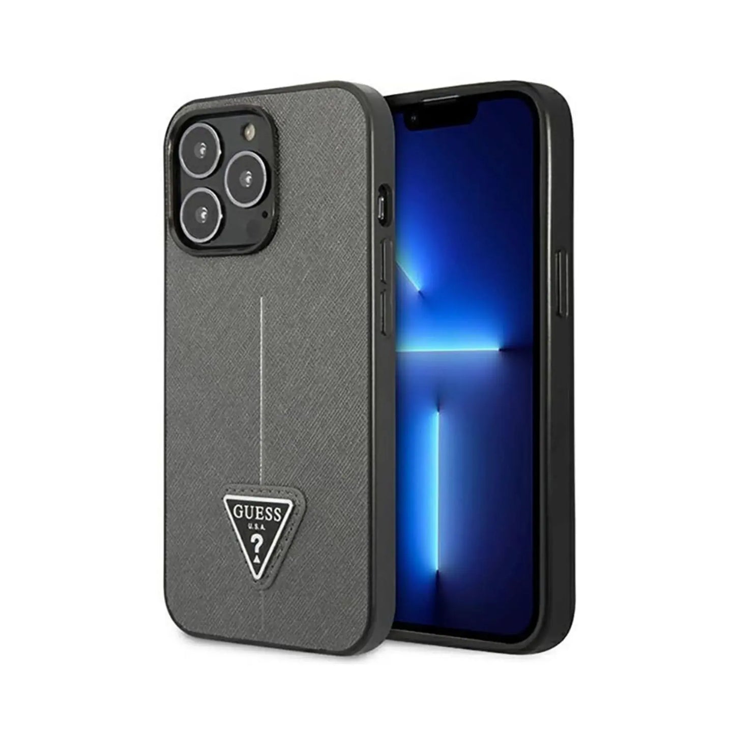 Guess Hülle GUHCP14XPSATLG Saffiano Triangle Logo Silber – iPhone 14 Pro Max