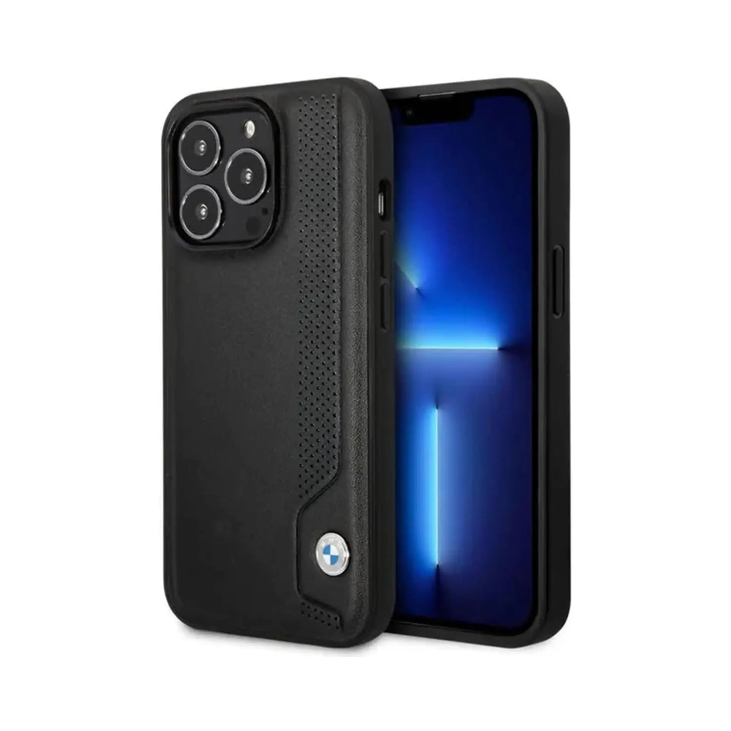 BMW iPhone 14 Pro Hülle, Schwarz – Leder Blaue Punkte