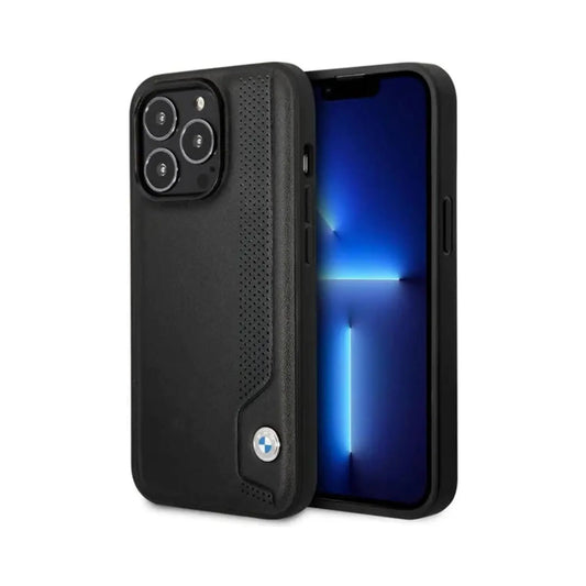 BMW iPhone 14 Pro Hülle, Schwarz – Leder Blaue Punkte