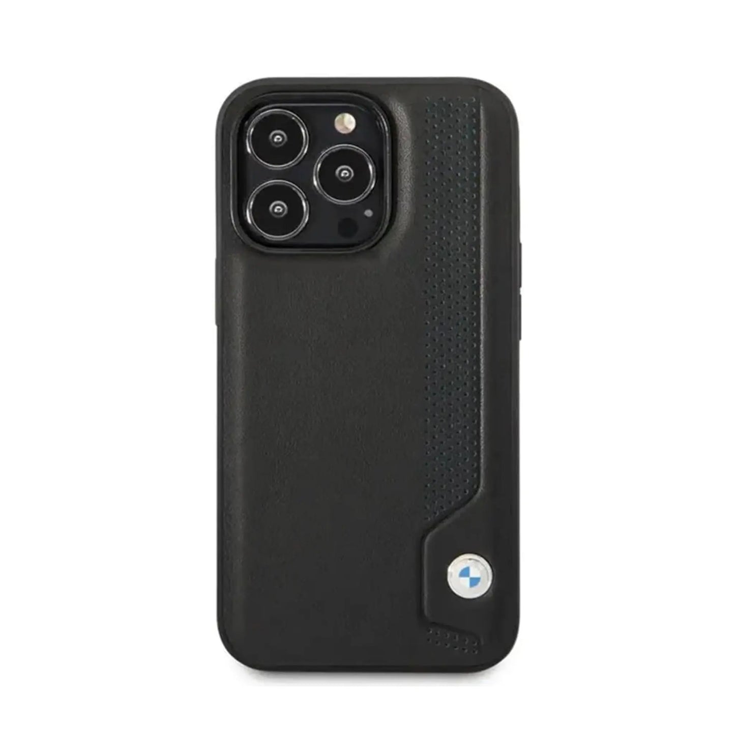 BMW iPhone 14 Pro Hülle, Schwarz – Leder Blaue Punkte