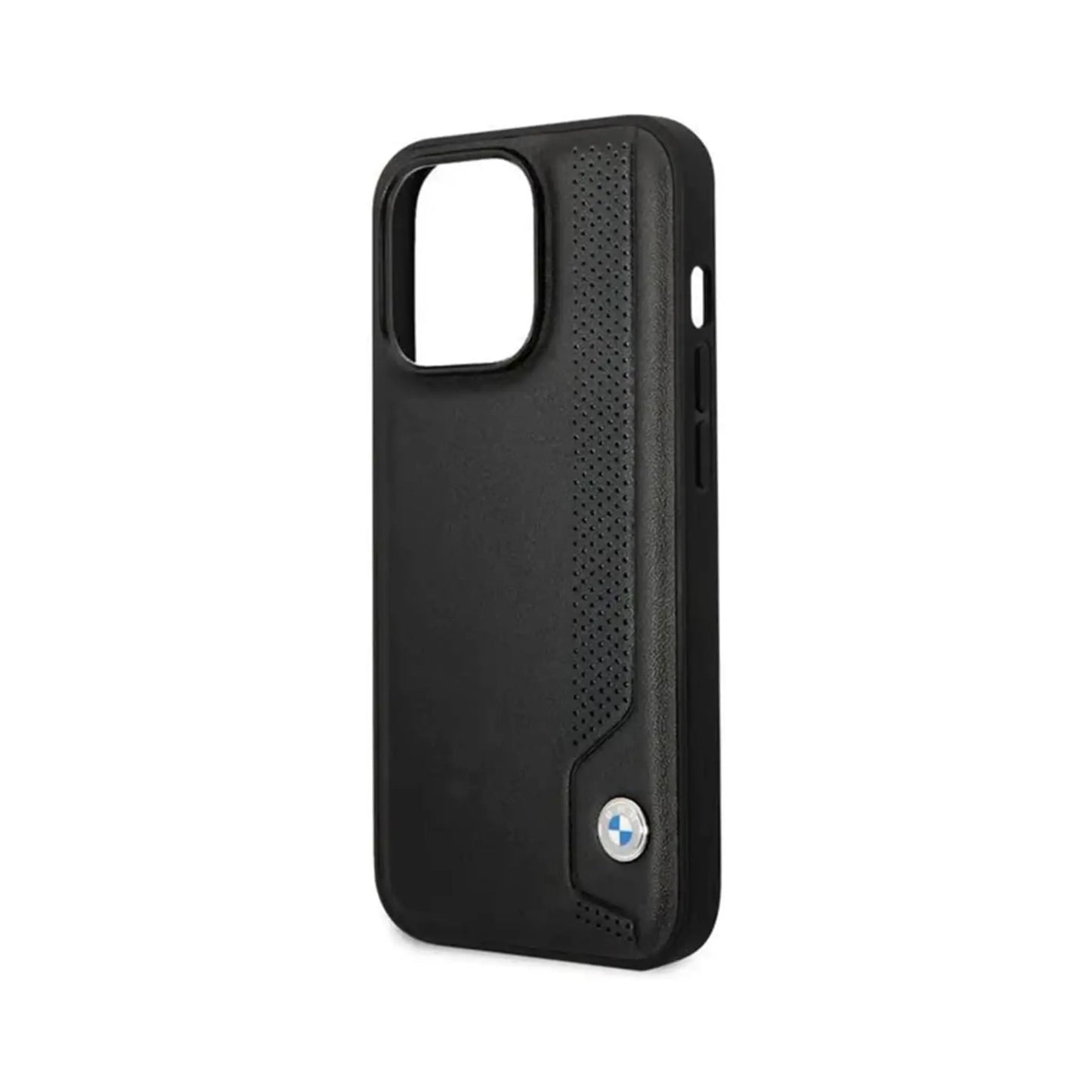 BMW iPhone 14 Pro Hülle, Schwarz – Leder Blaue Punkte
