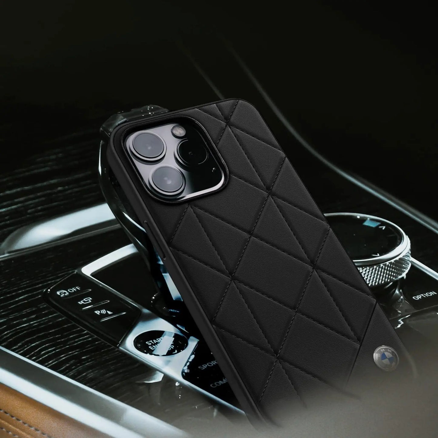 BMW iPhone 14 Pro Hülle, Schwarz – Leder Gesteppt