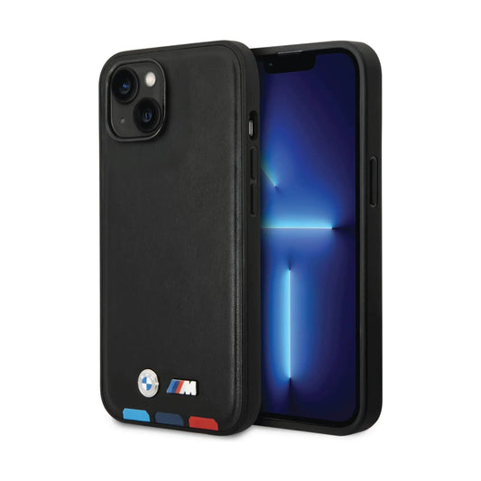 BMW iPhone 14 Plus Hülle, Schwarz – Leder Hot Stamp Tricolor