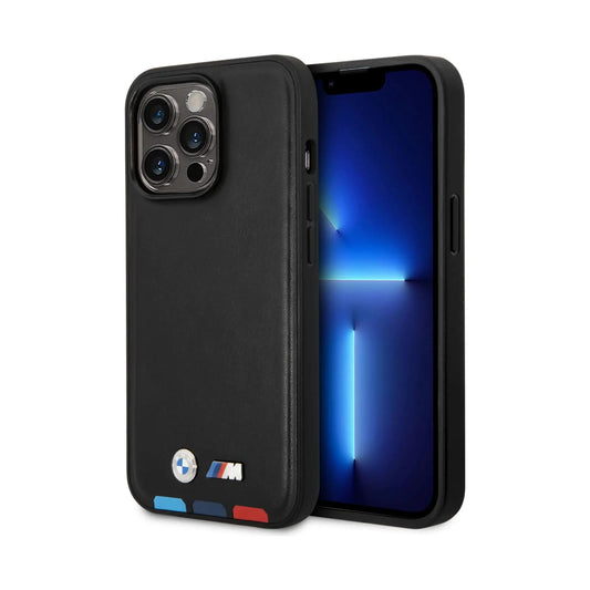 BMW iPhone 14 Pro Hülle, Schwarz – Leather Hot Stamp Tricolor
