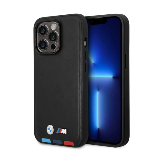 BMW iPhone 14 Pro Max Hülle, Schwarz – Leder Hot Stamp Tricolor