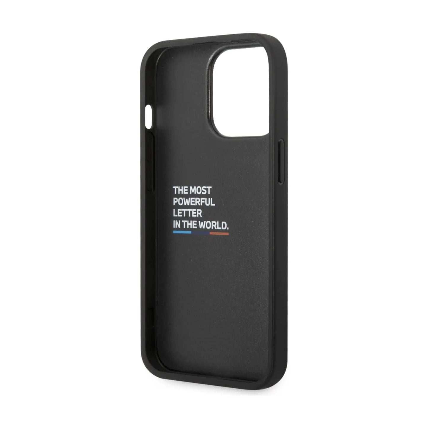 BMW iPhone 14 Pro Max Hülle, Schwarz – Leder Hot Stamp Tricolor