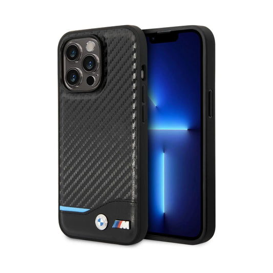 BMW iPhone 14 Pro Max Hülle, Schwarz – M Polyurethan Carbon Blue Line