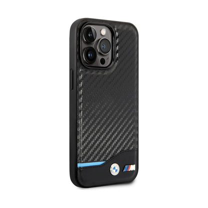 BMW iPhone 14 Pro Max Hülle, Schwarz – M Polyurethan Carbon Blue Line