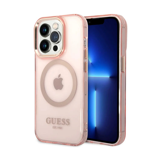 Guess Hülle Gold Outline Translucent MagSafe Pink - iPhone 14 Pro