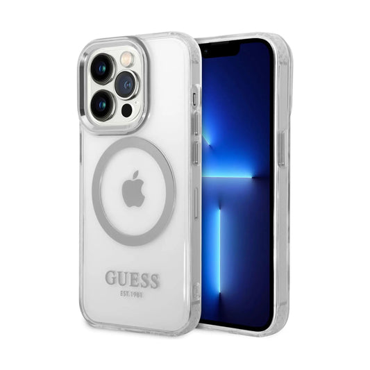 Guess Metal Outline MagSafe Case, Transparent/Silber – iPhone 14 Pro Max