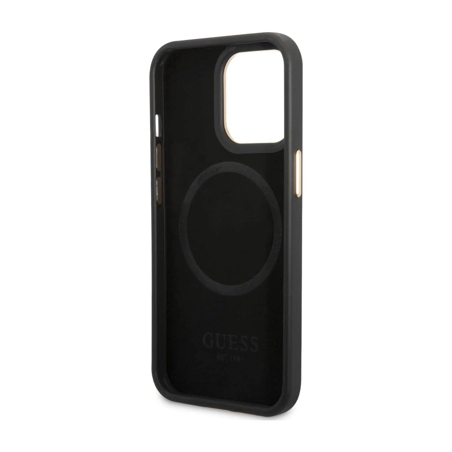 Guess GUHMP14LSAPSTK Hülle Peony Logo Platte Für Magsafe Schwarz - iPhone 14 Pro