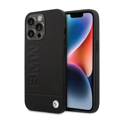 BMW iPhone 14 Pro Max Hülle, Schwarz – Leder Hot Stamp MagSafe