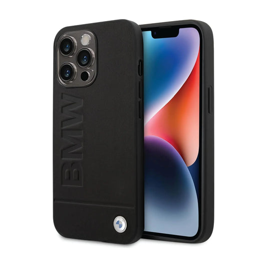 BMW iPhone 14 Pro Max Hülle, Schwarz – Leder Hot Stamp MagSafe