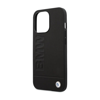 BMW iPhone 14 Pro Max Hülle, Schwarz – Leder Hot Stamp MagSafe