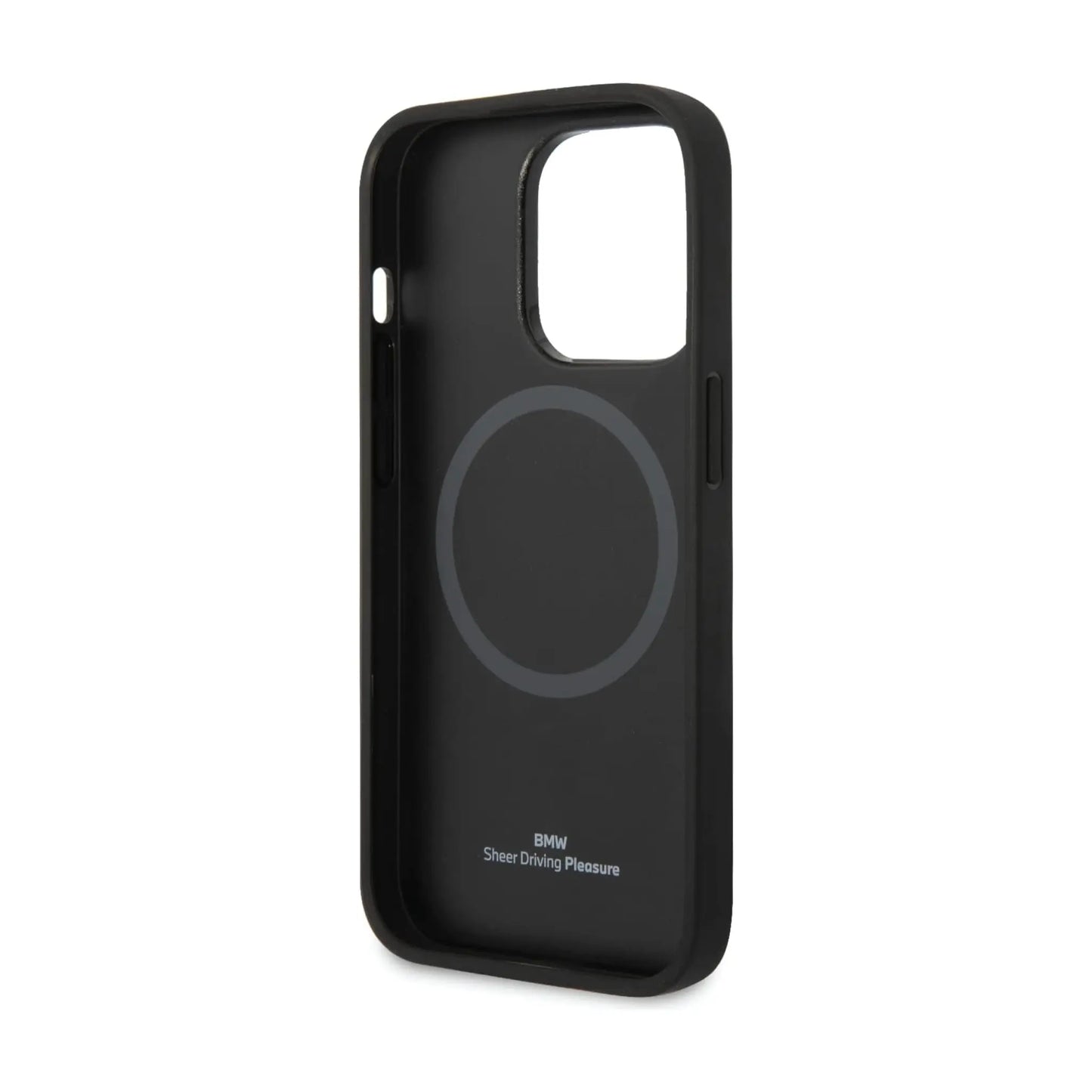 BMW iPhone 14 Pro Max Hülle, Schwarz – Leder Hot Stamp MagSafe