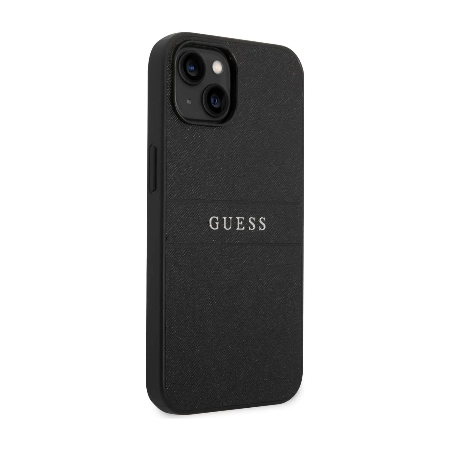 Guess Hülle Saffiano Metal Logo Stripes Schwarz - iPhone 14 Plus