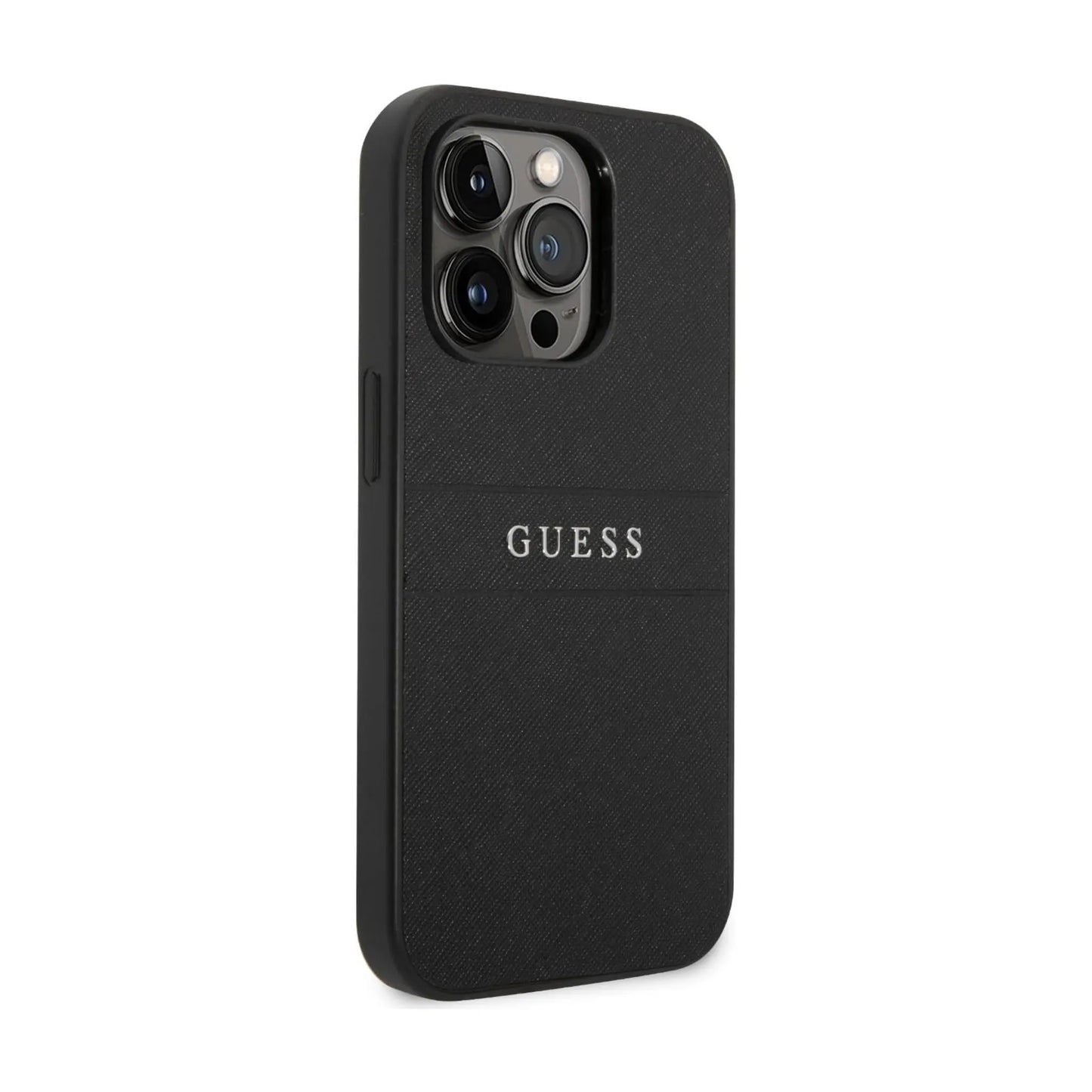 Guess Hülle Saffiano Metal Logo Stripes Schwarz - iPhone 14 Pro