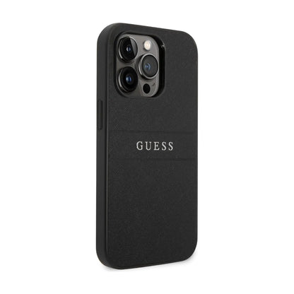 Guess Hülle Saffiano Metal Logo Stripes Schwarz - iPhone 14 Pro