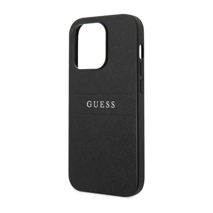 Guess Hülle Saffiano Metal Logo Stripes Schwarz - iPhone 14 Pro
