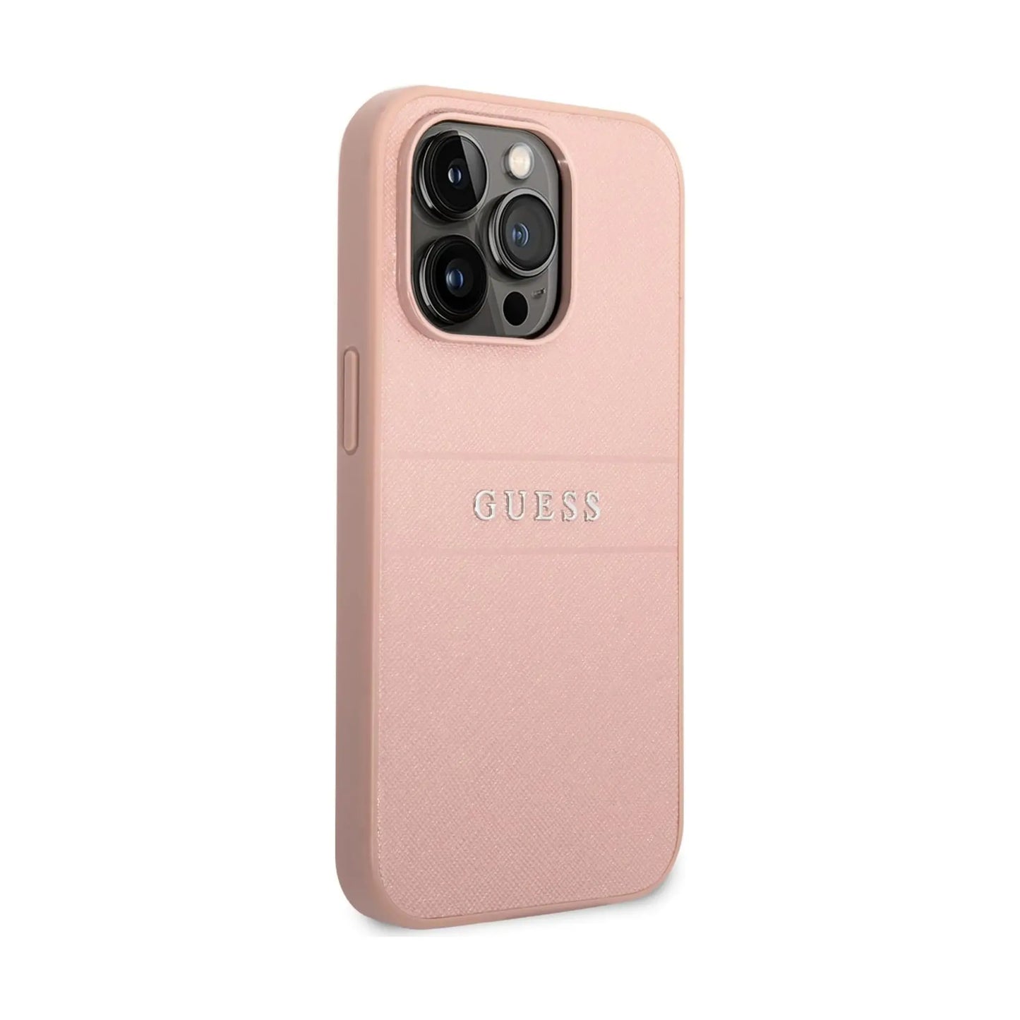 Guess Hülle Saffiano Metal Logo Stripes Pink - iPhone 14 Pro